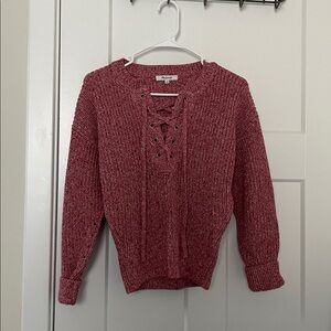 Marled Ribbed Lace-Up Sweater